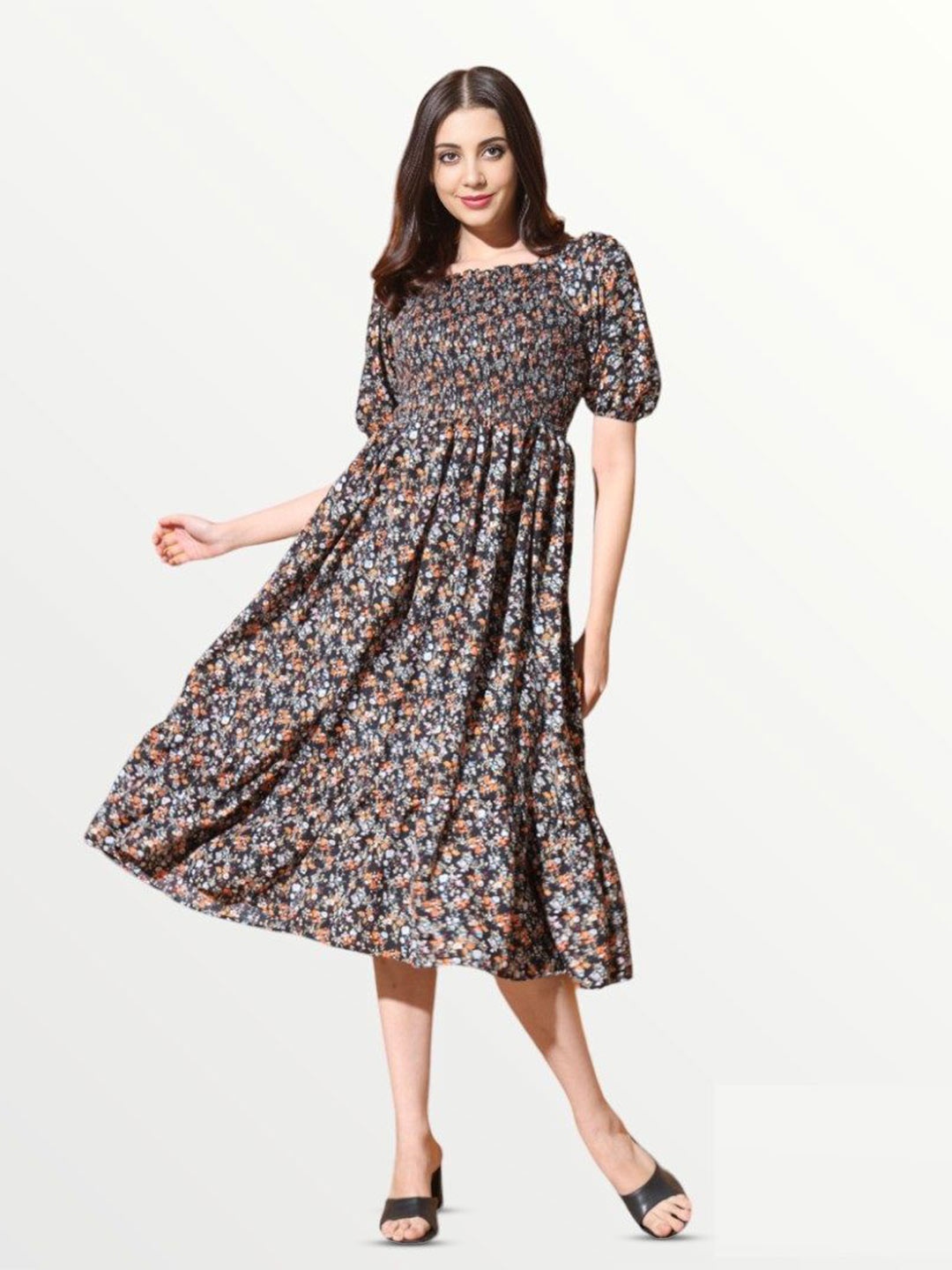 

Femvy Floral Printed Smocked Fit & Flare Midi Dress, Black