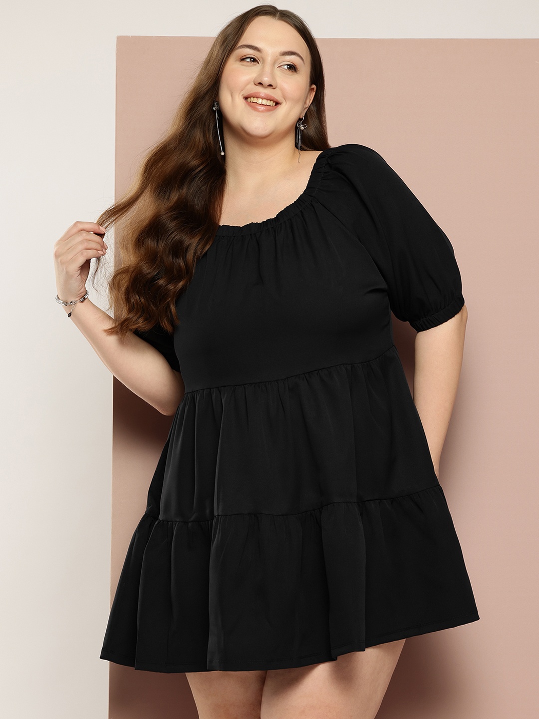 

Sztori Plus Size Puff Sleeves Tiered A-Line Mini Dress, Black