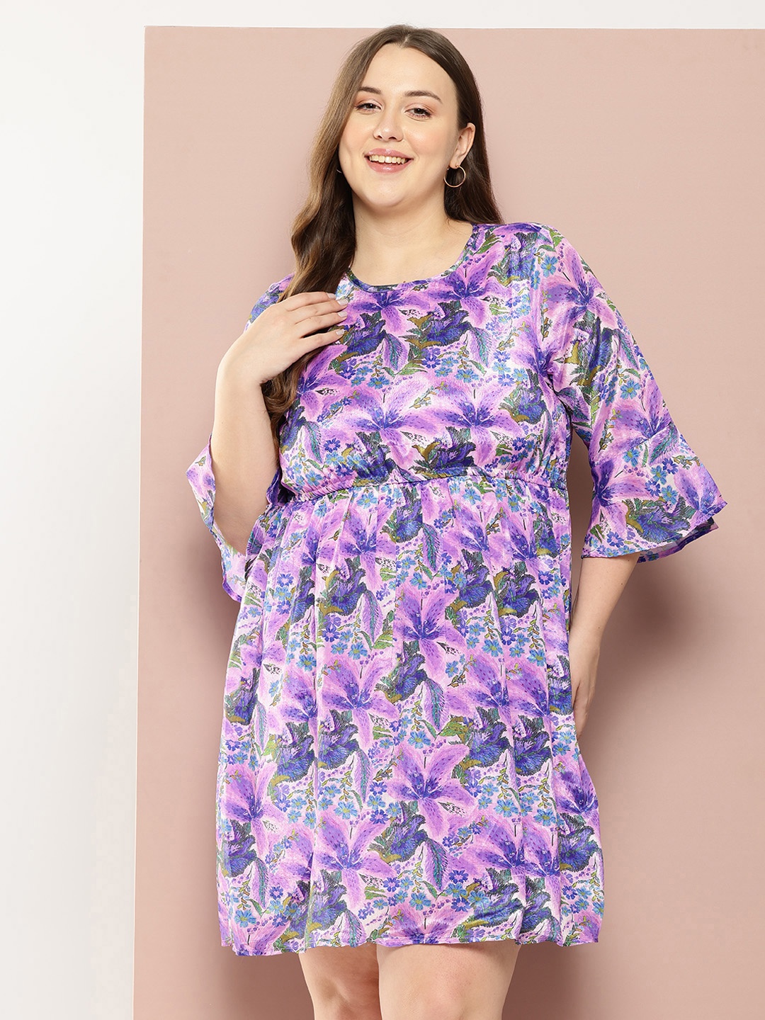 

Sztori Plus Size Printed Bell Sleeve Mini Dress, Lavender