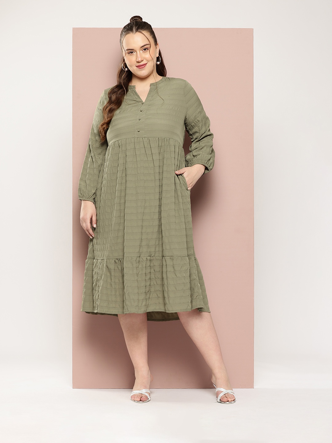 

Sztori Plus Size Puff Sleeve Fit & Flare Midi Dress, Green