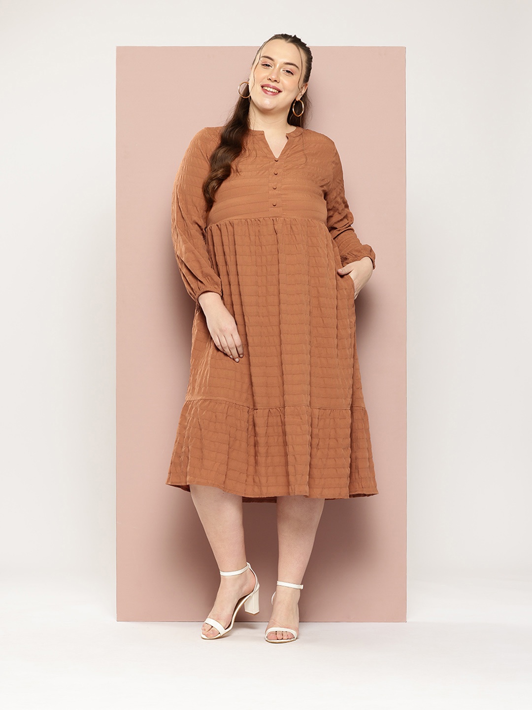 

Sztori Plus Size Puff Sleeve Fit & Flare Midi Dress, Rust