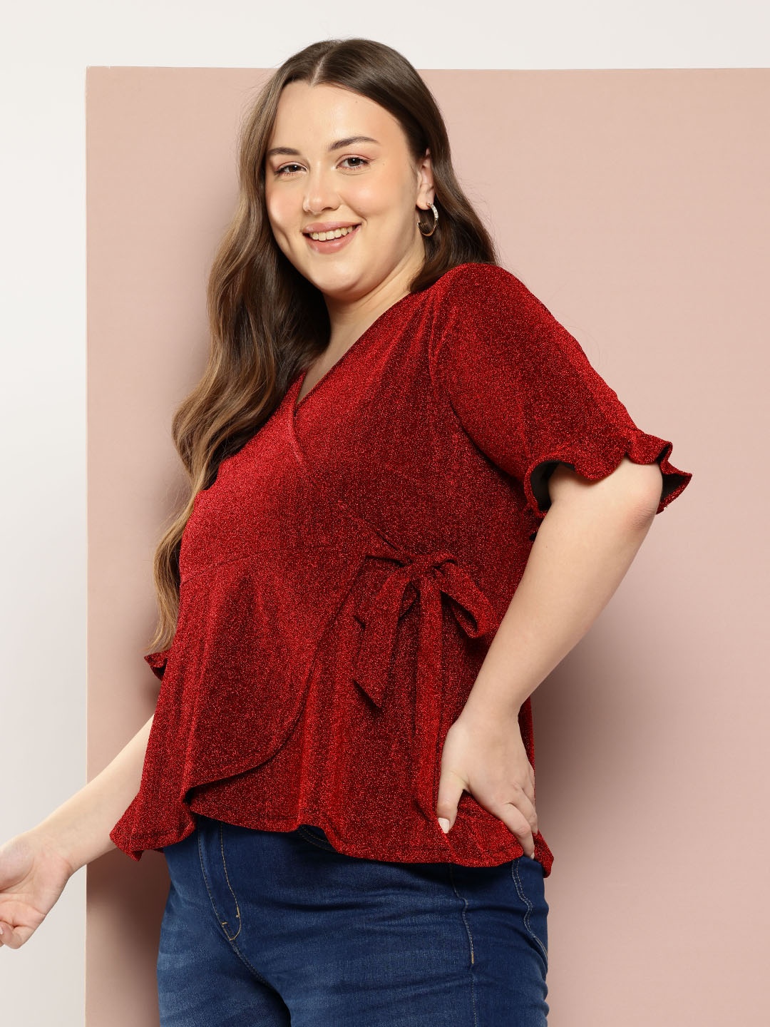 

Sztori Plus Size Shimmer Wrap Top, Red