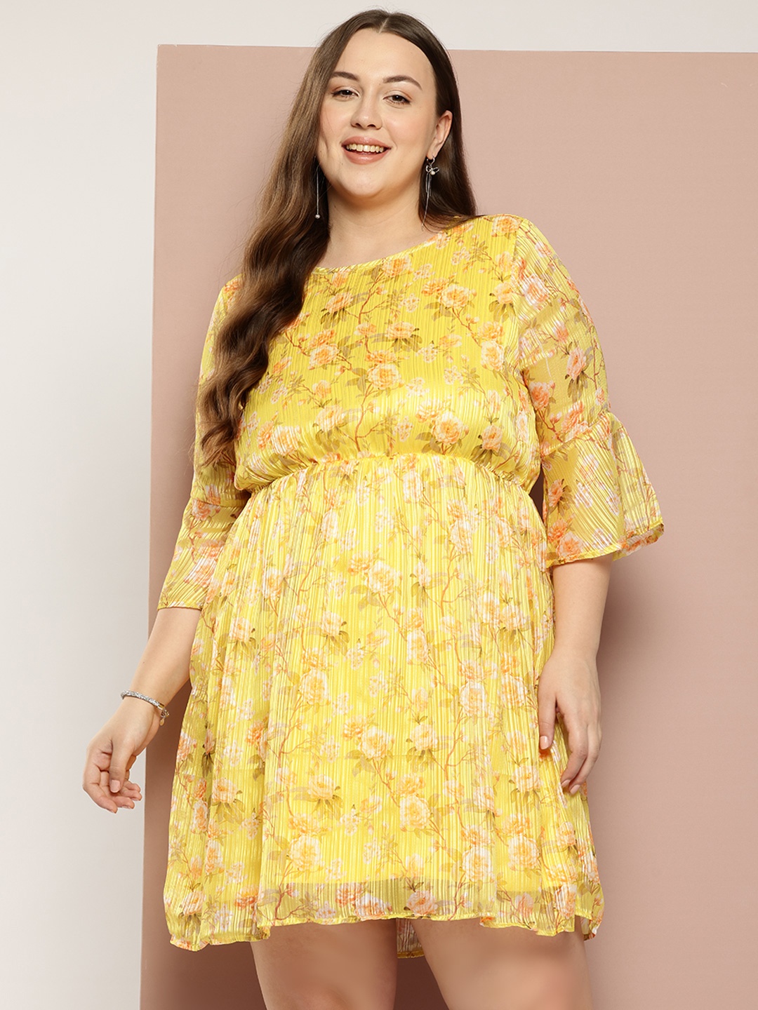 

Sztori Plus Size Floral Print Bell Sleeves A-Line Mini Dress, Yellow
