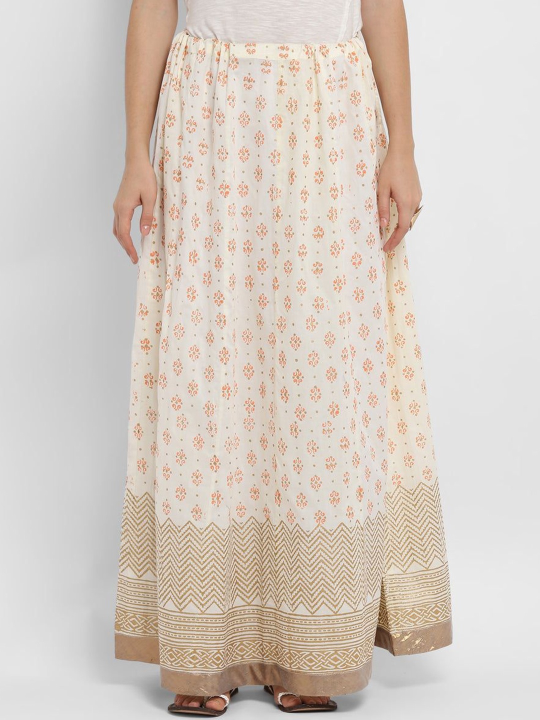 

Pannkh Women Printed Pure Cotton Flared Maxi Skirts, Off white