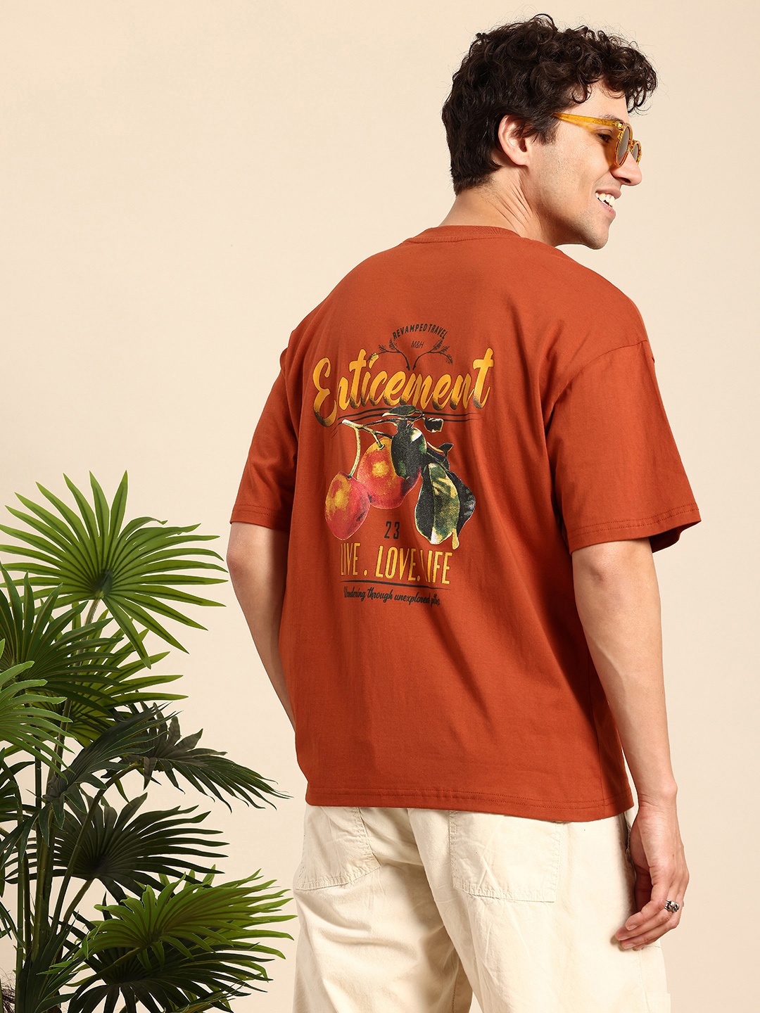 

Mast & Harbour Graphic Printed Drop-Shoulder Sleeves Relaxed Fit Pure Cotton T-shirt, Rust