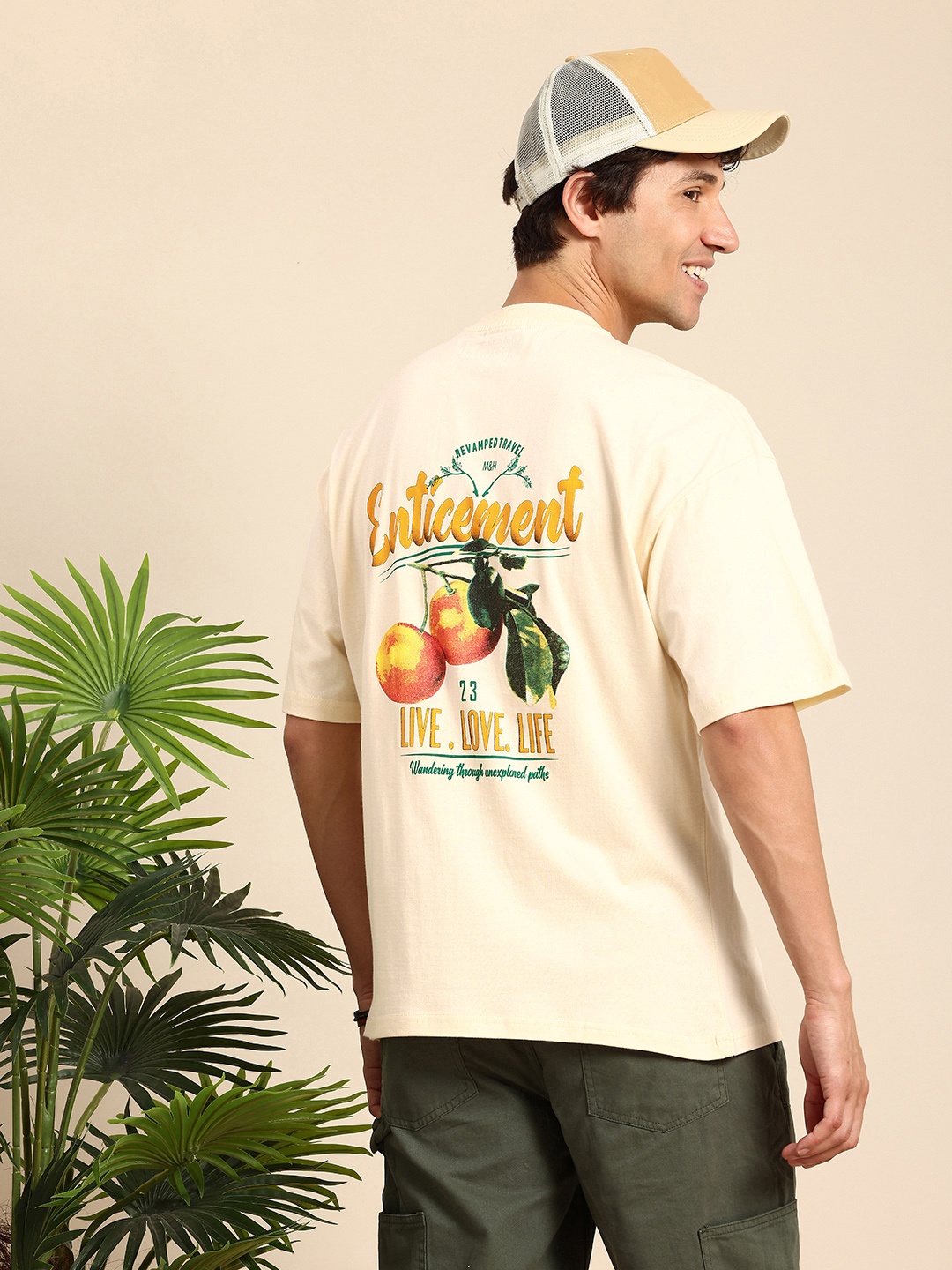 

Mast & Harbour Pure Cotton Graphic Printed Drop-Shoulder Sleeves Oversized T-shirt, Cream