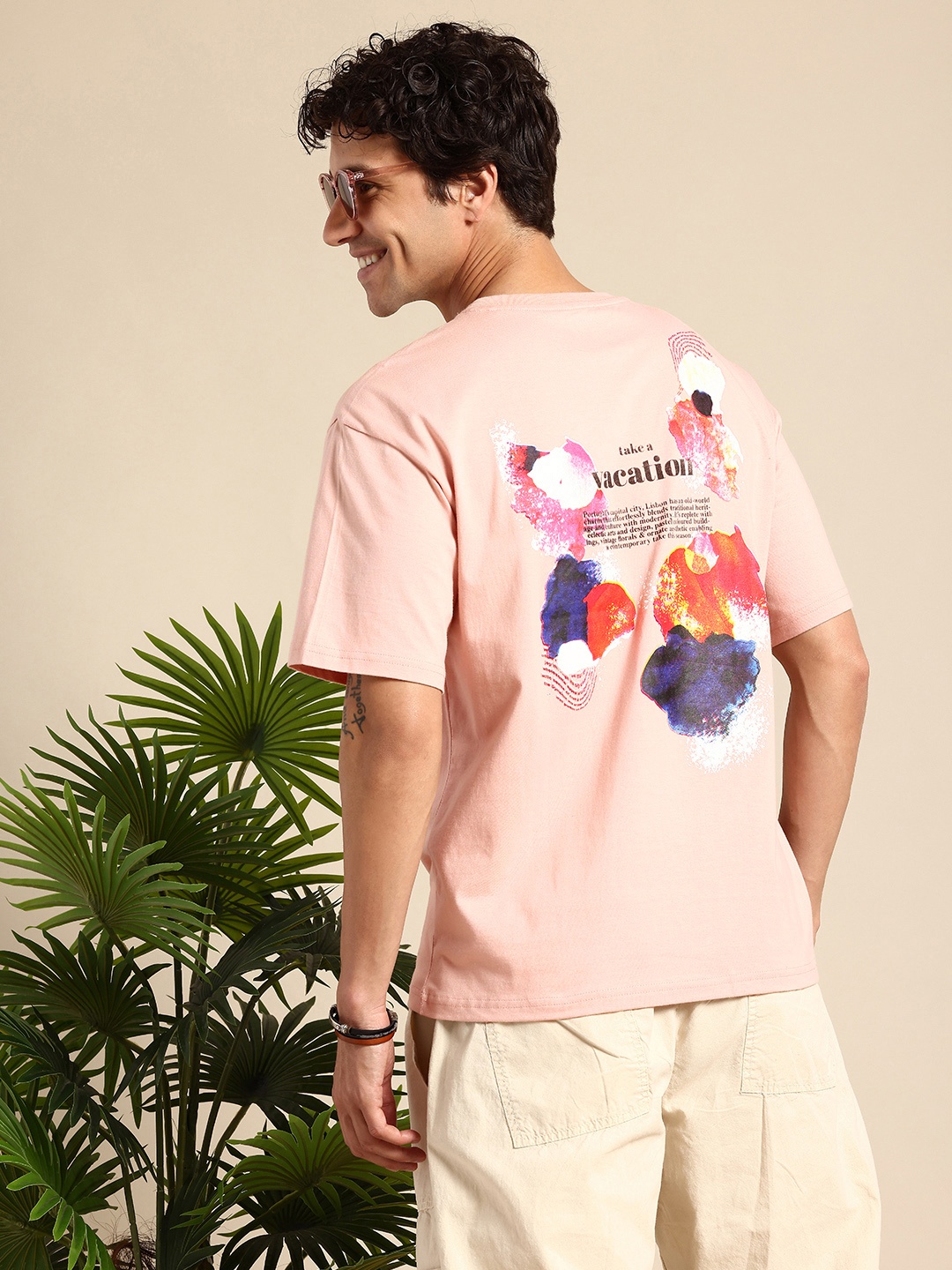 

Mast & Harbour Pure Cotton Graphic Printed Drop-Shoulder Sleeves Oversized T-shirt, Mauve