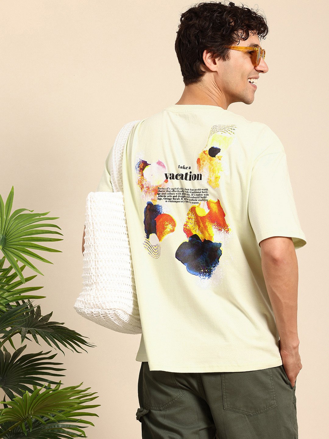 

Mast & Harbour Pure Cotton Graphic Printed Drop-Shoulder Sleeves Oversized T-shirt, Green
