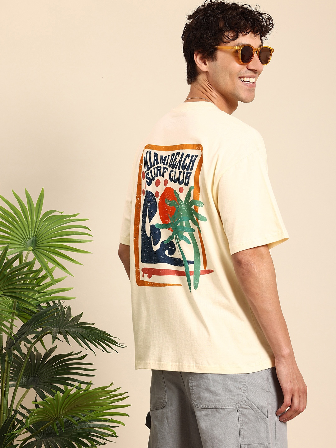 

Mast & Harbour Graphic Printed Drop-Shoulder Sleeves Oversized Pure Cotton T-shirt, Cream