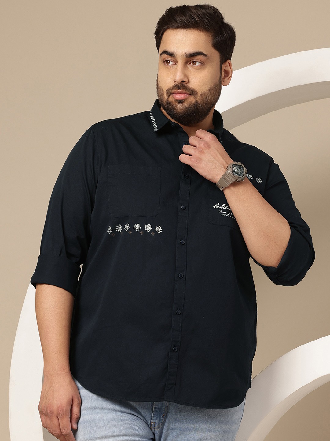 

Sztori Plus Size Floral & Typography Printed Pure Cotton Opaque Casual Shirt, Navy blue