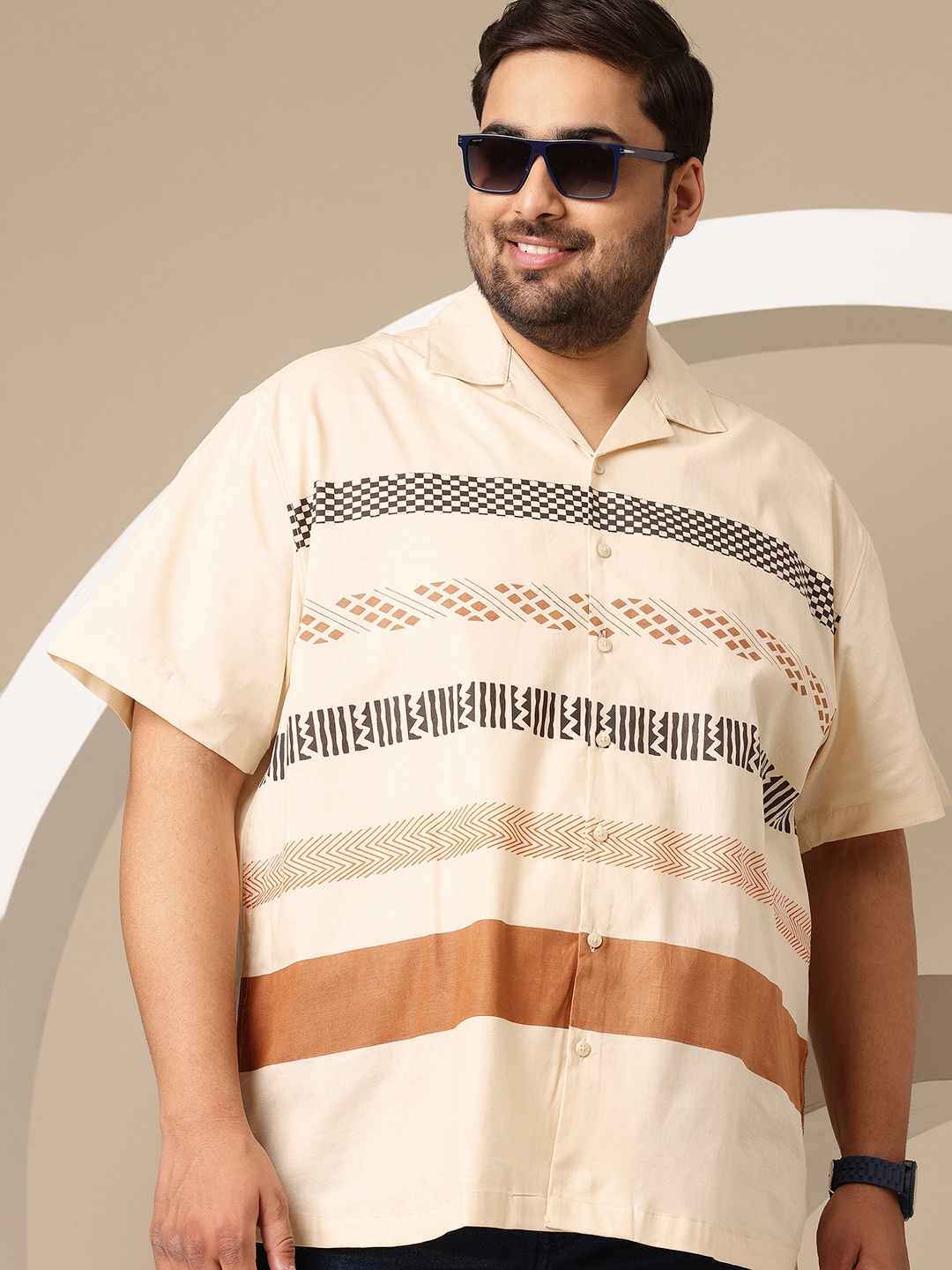 

Sztori Plus Size Cotton Printed Casual Shirt, Cream