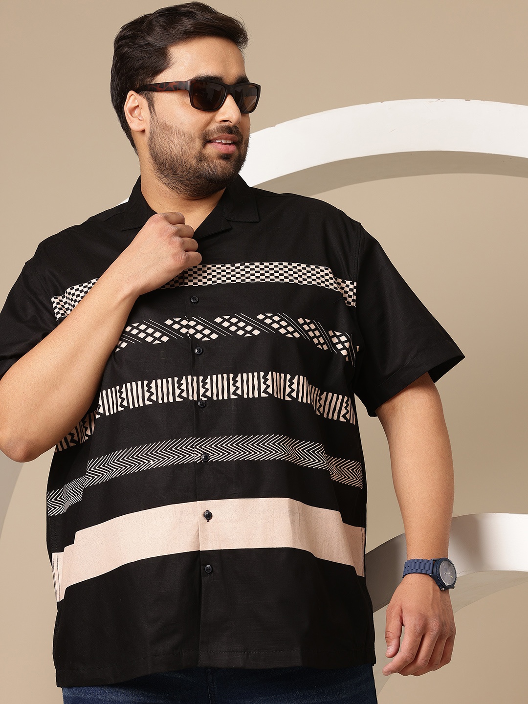 Sztori Plus Size Cotton Printed Casual Shirt, Black