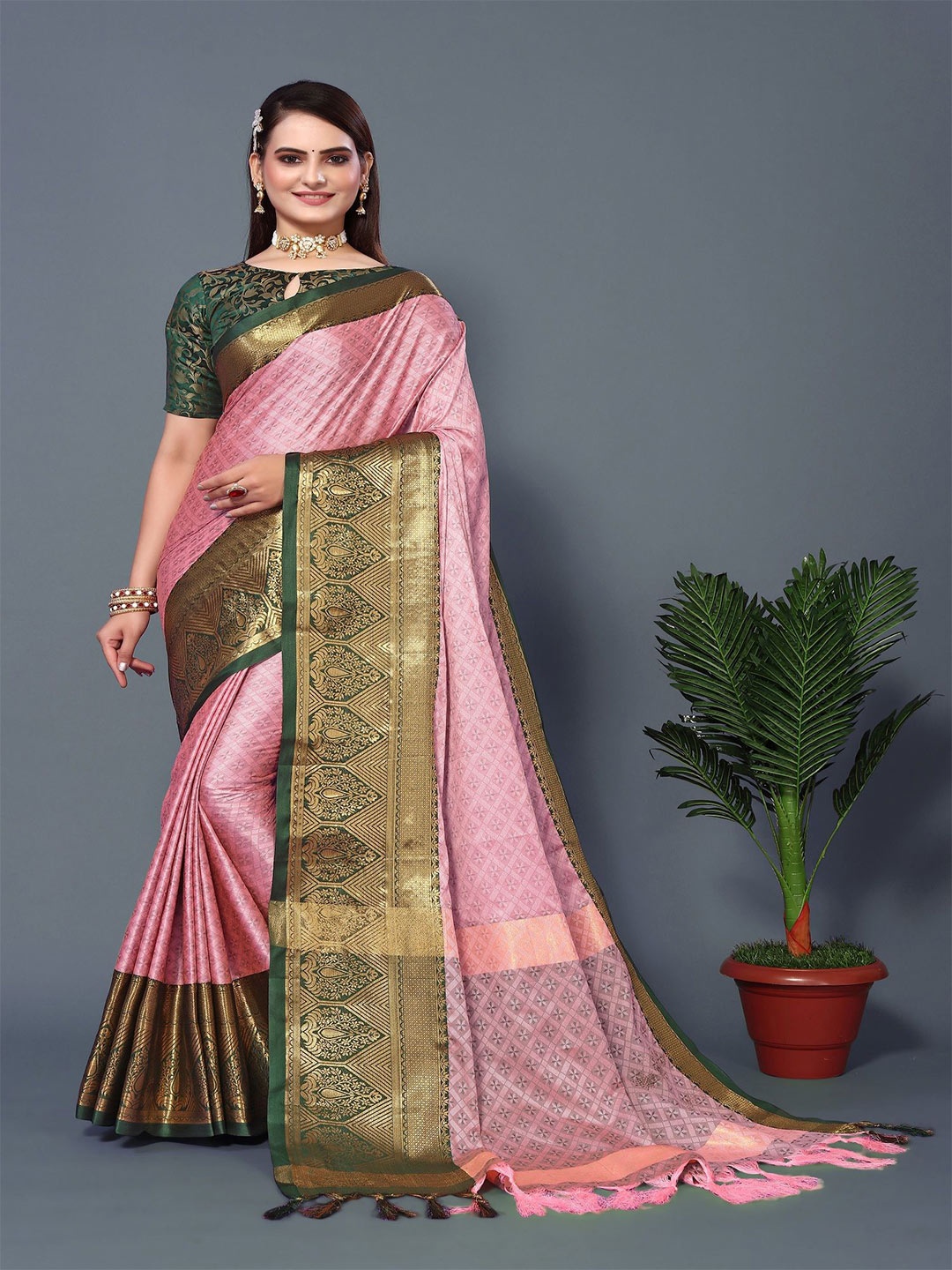 

LADY SHOPI Woven Design Zari Tassel Saree, Pink