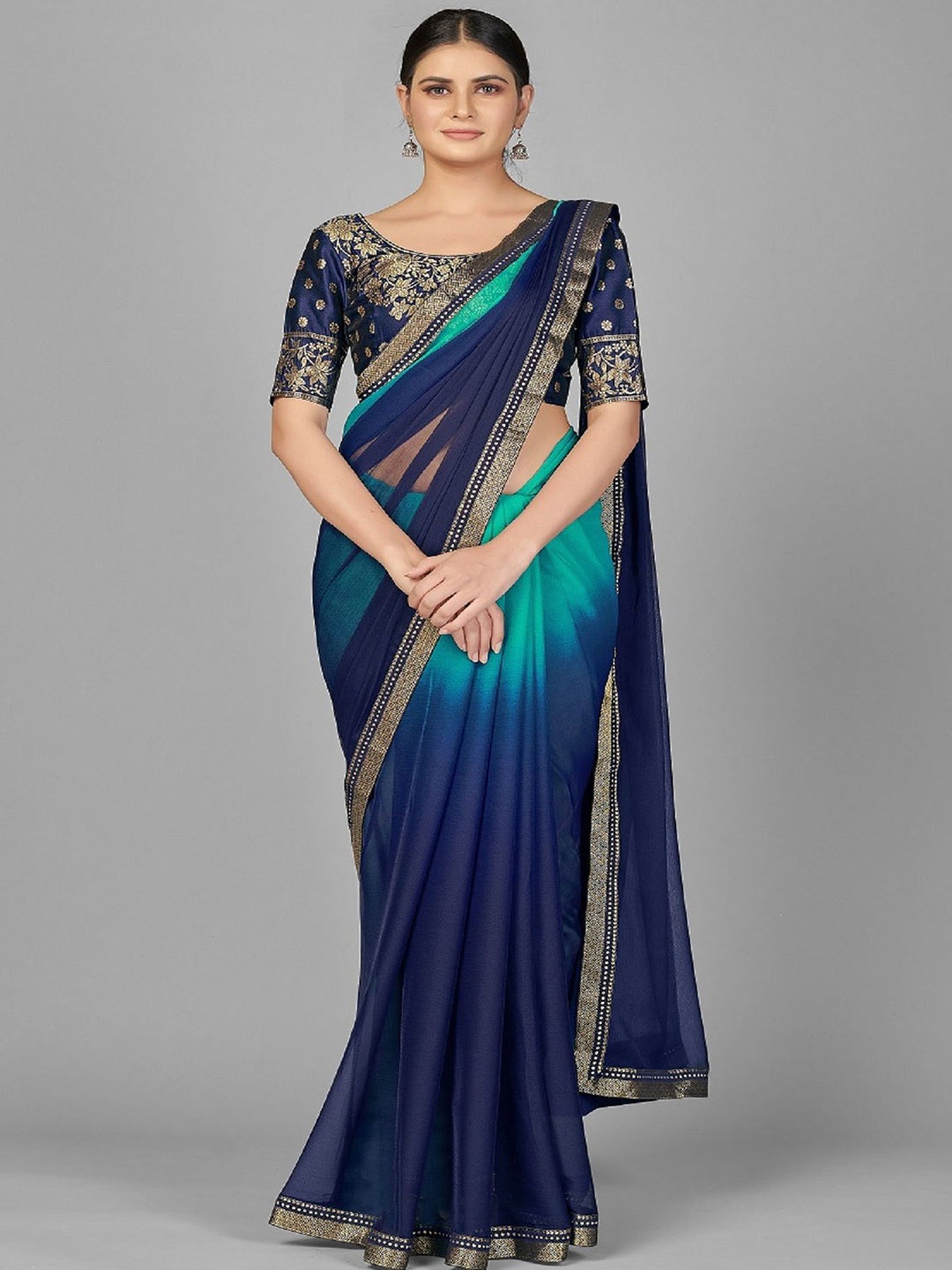 

LADY SHOPI Zari Work Ombre Pure Georgette Saree, Turquoise blue