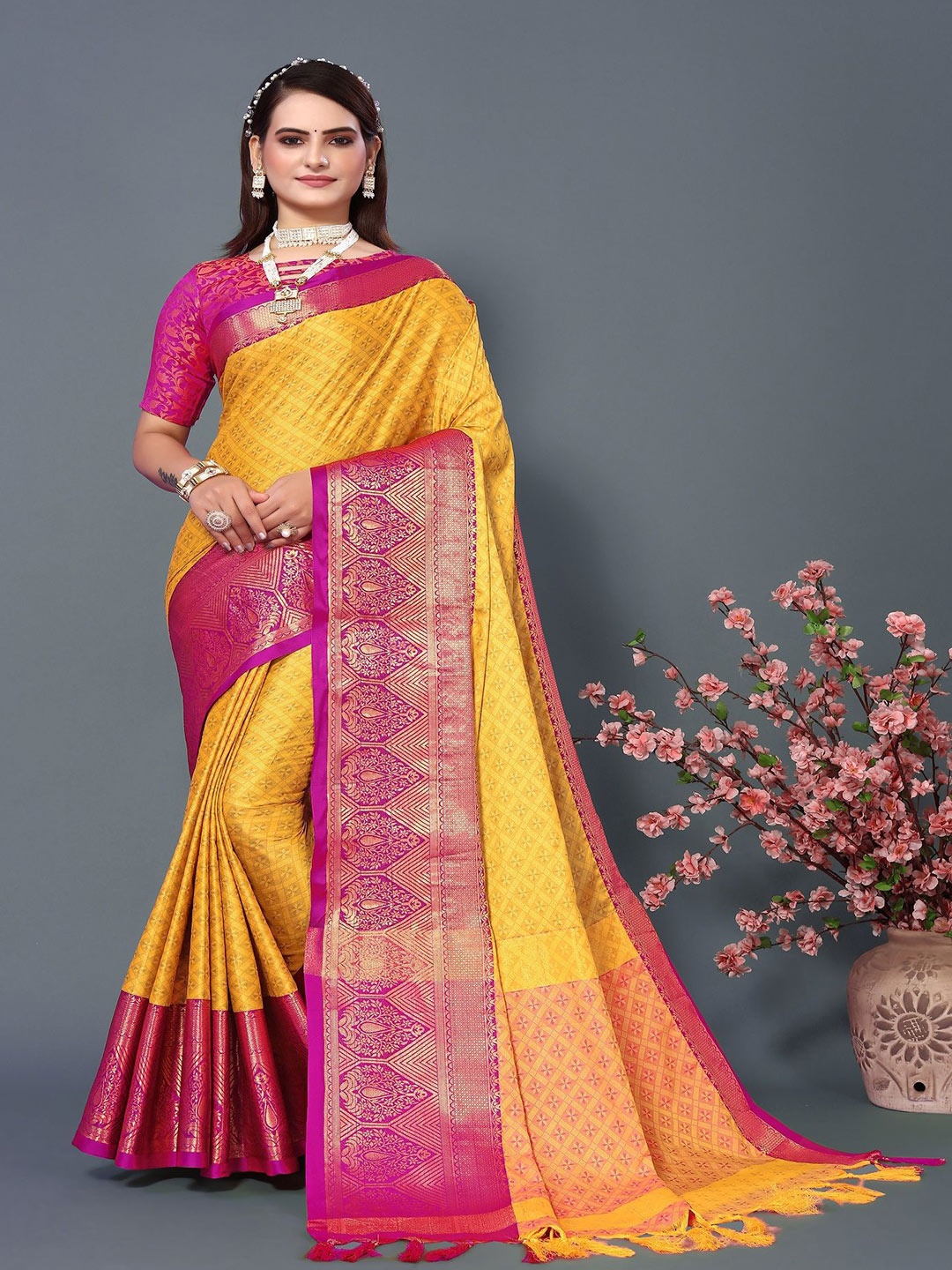 LADY SHOPI Woven Design Zari Silk Cotton Festive Saree, Yellow