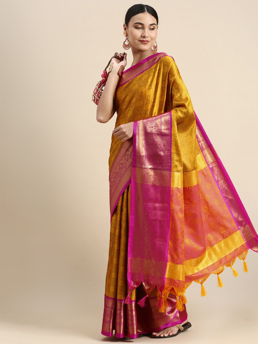 

LADY SHOPI Woven Design Zari Banarasi Saree, Yellow