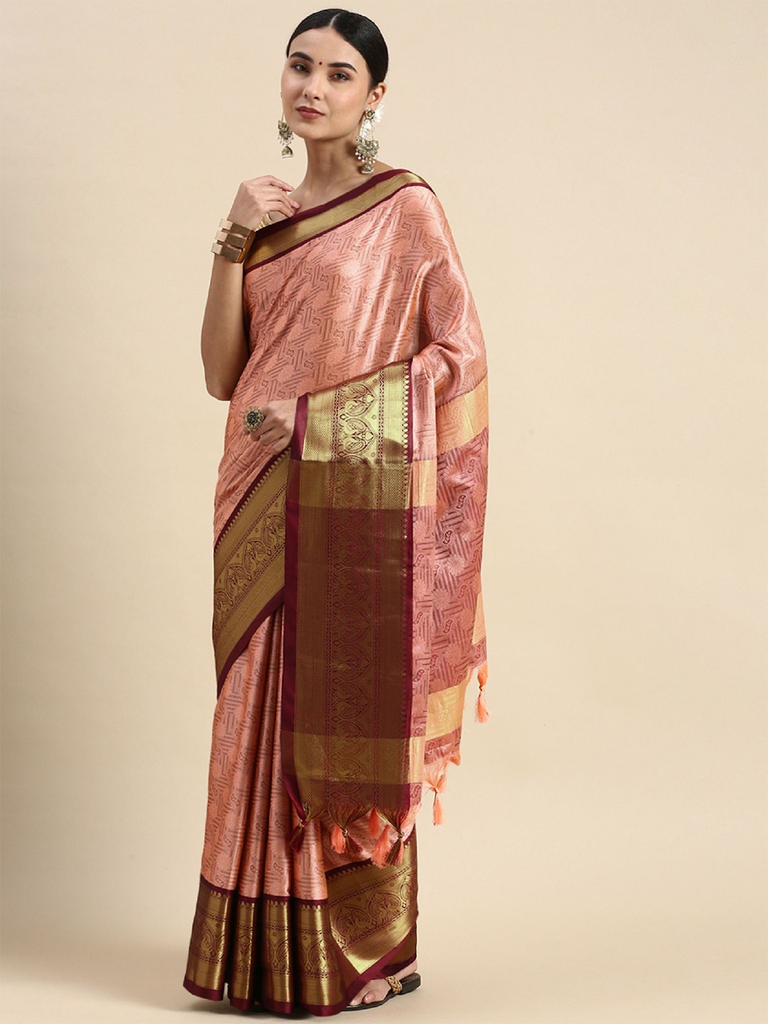 

LADY SHOPI Woven Design Zari Banarasi Saree, Peach