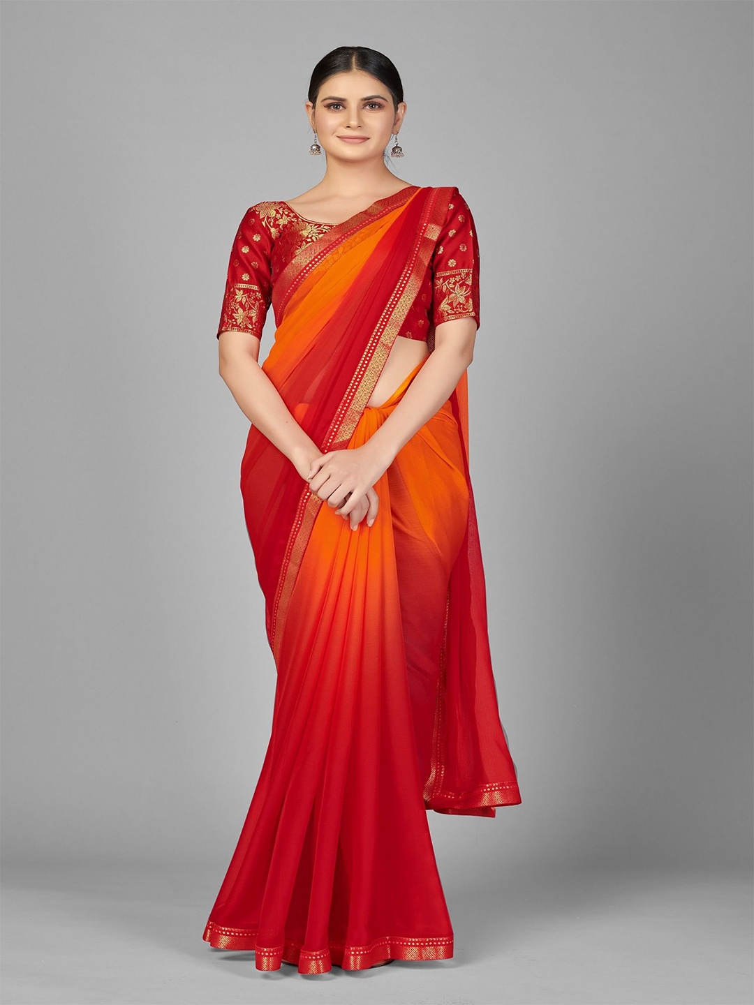 

LADY SHOPI Women Solid Zari Pure Georgette Saree, Red