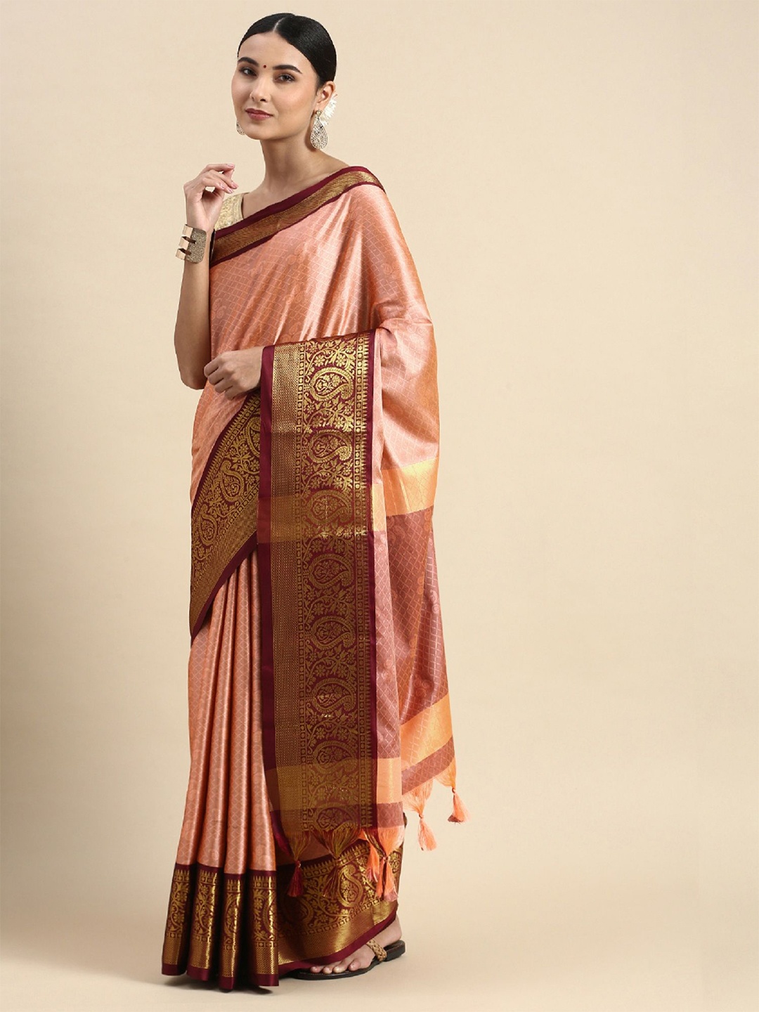 

LADY SHOPI Woven Design Zari Banarasi Saree, Peach