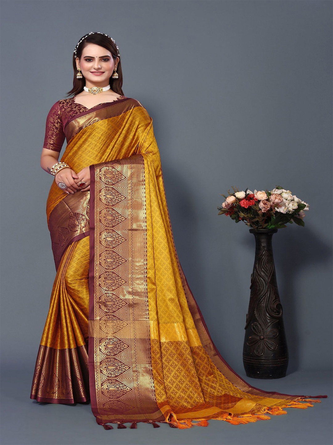 LADY SHOPI Woven Design Zari Saree, Mustard