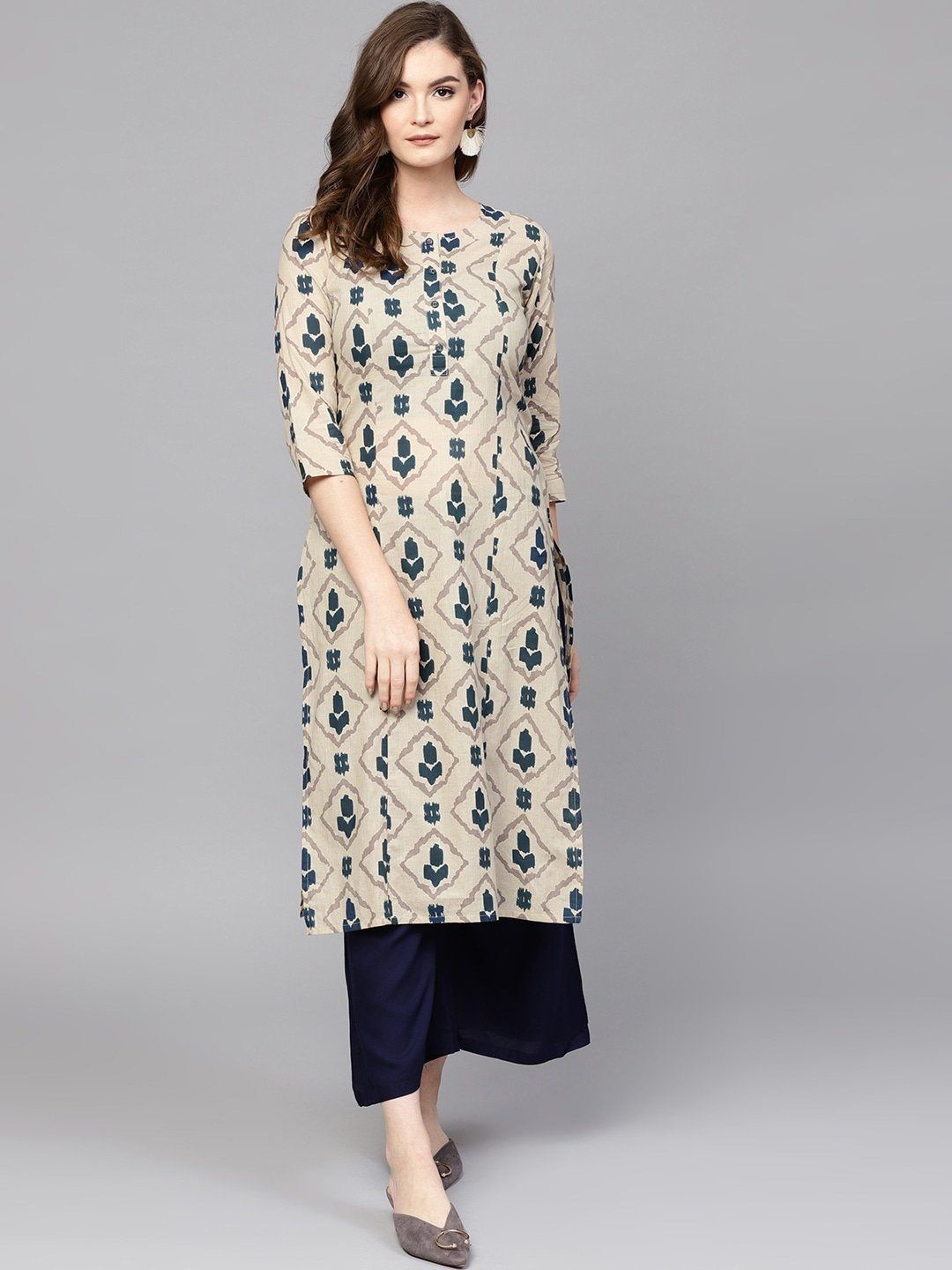 Yufta Abstract Printed Pure Cotton Straight Kurta, Beige