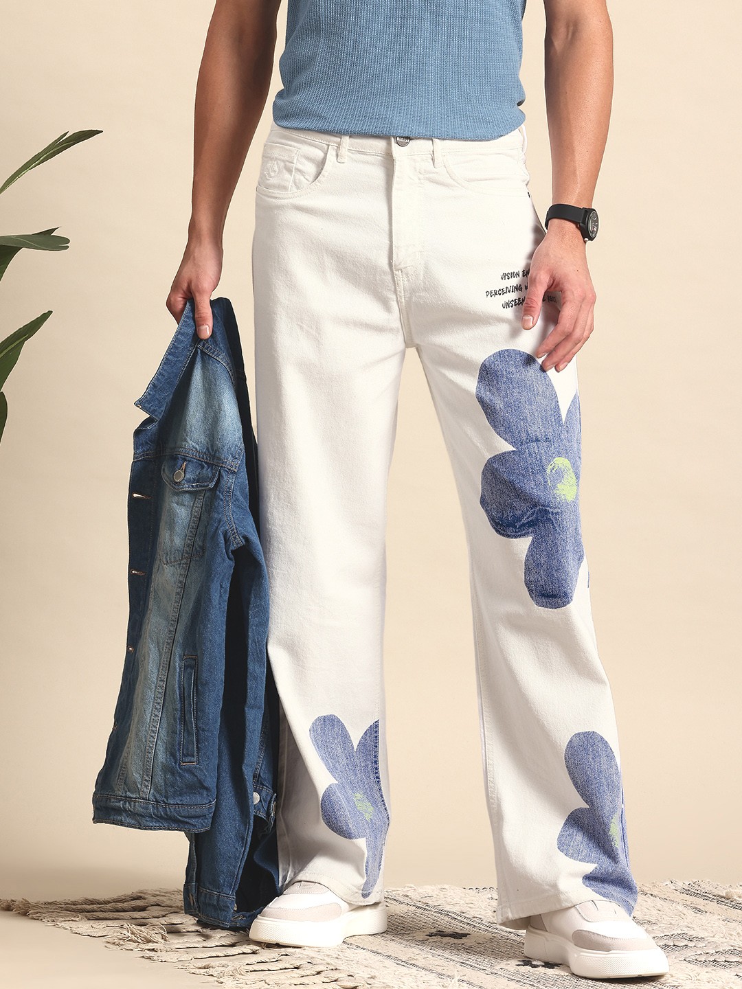 

Mast & Harbour Men Wide Leg Printed Jeans, White