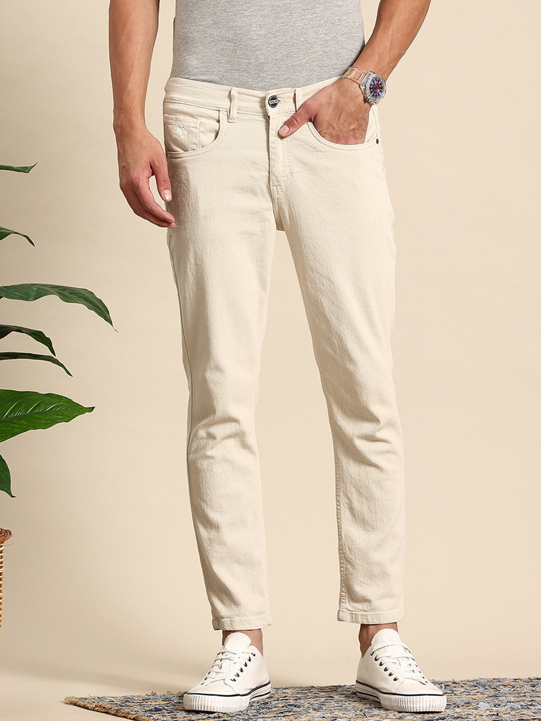 

Mast & Harbour Men Stretchable Tapered Fit Jeans, Beige