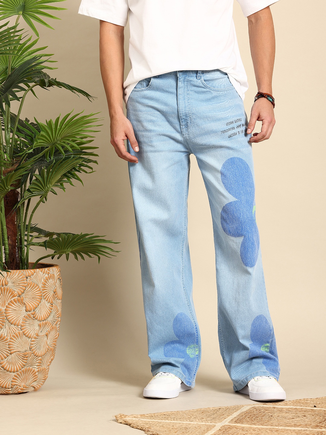 

Mast & Harbour Men Wide Leg Light Fade Printed Stretchable Jeans, Blue