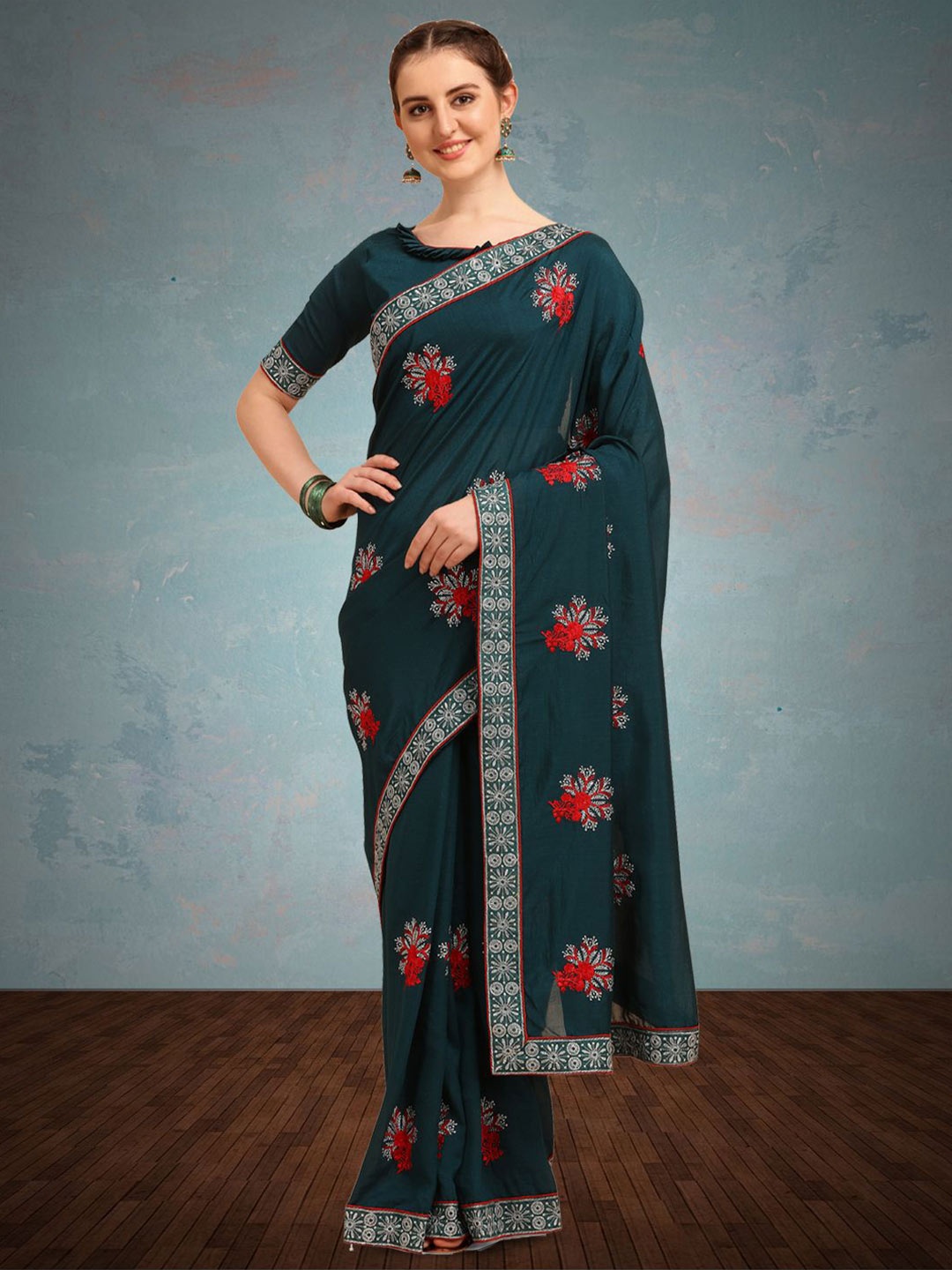 

KALINI Floral Zari Embroidered Saree, Blue