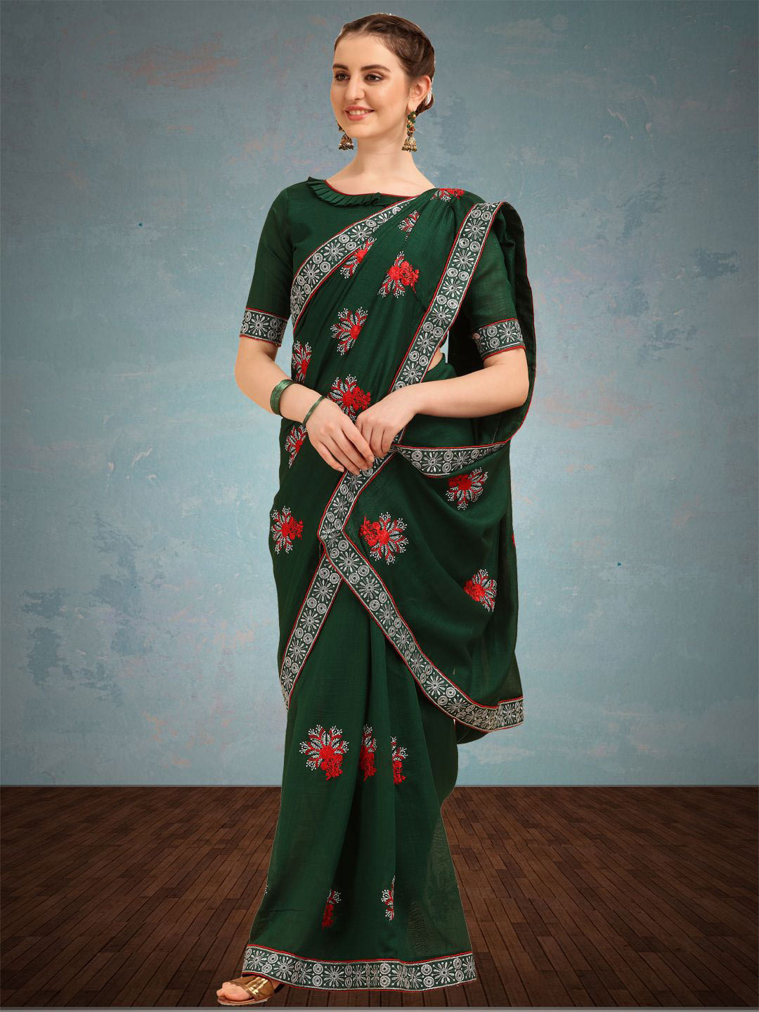 

KALINI Zari Embroidered Saree With Blouse Piece, Green