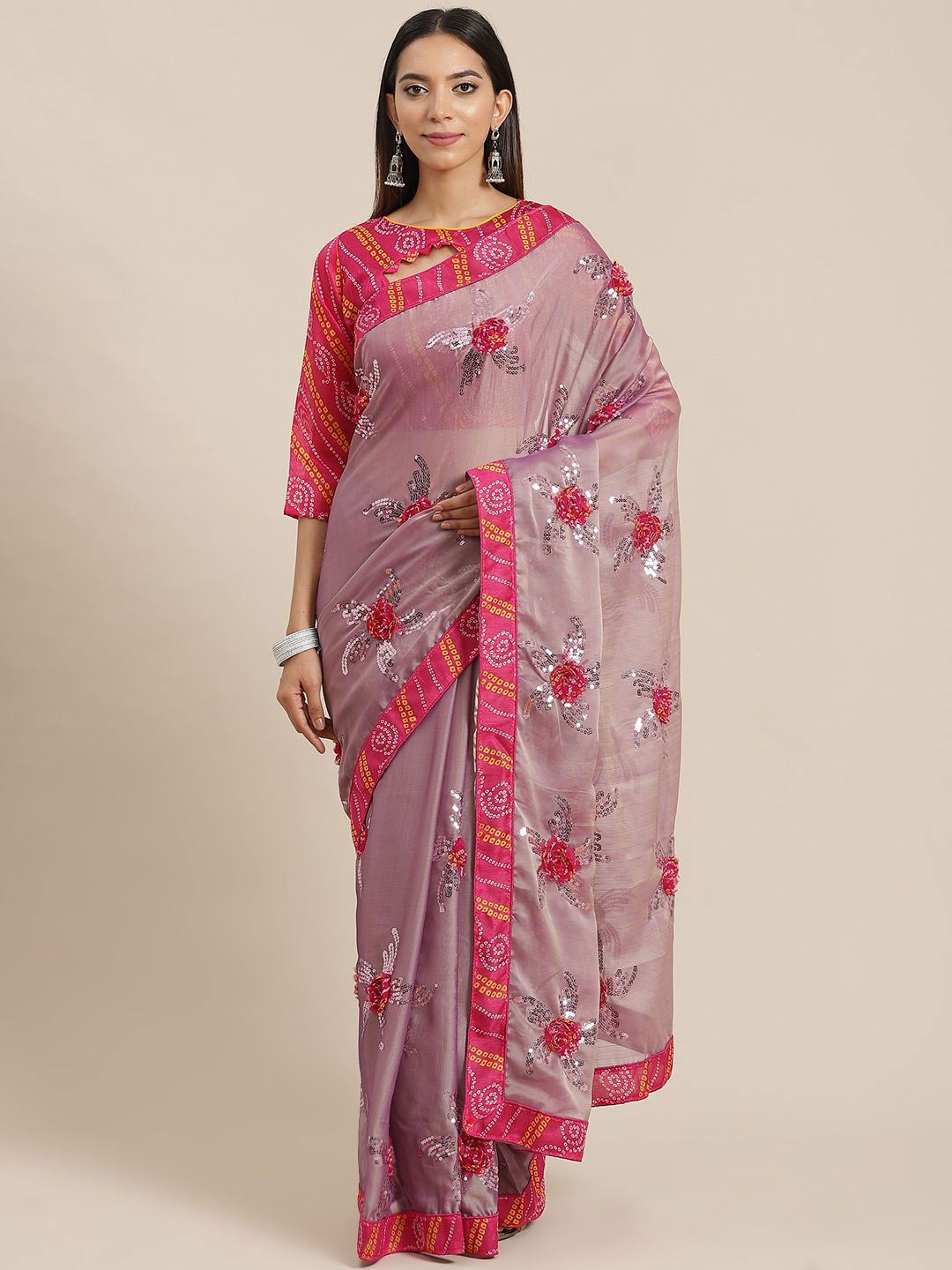 

KALINI Embellished Sequinned Bandhni Print Saree, Pink