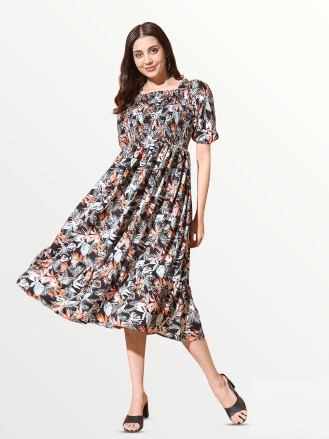 

Femvy Puff Sleeve Fit & Flare Smocked Floral Midi Dress, Black