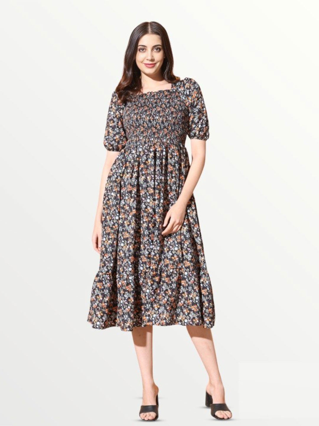 

Femvy Floral Printed Smocked Fit & Flare Midi Dress, Black