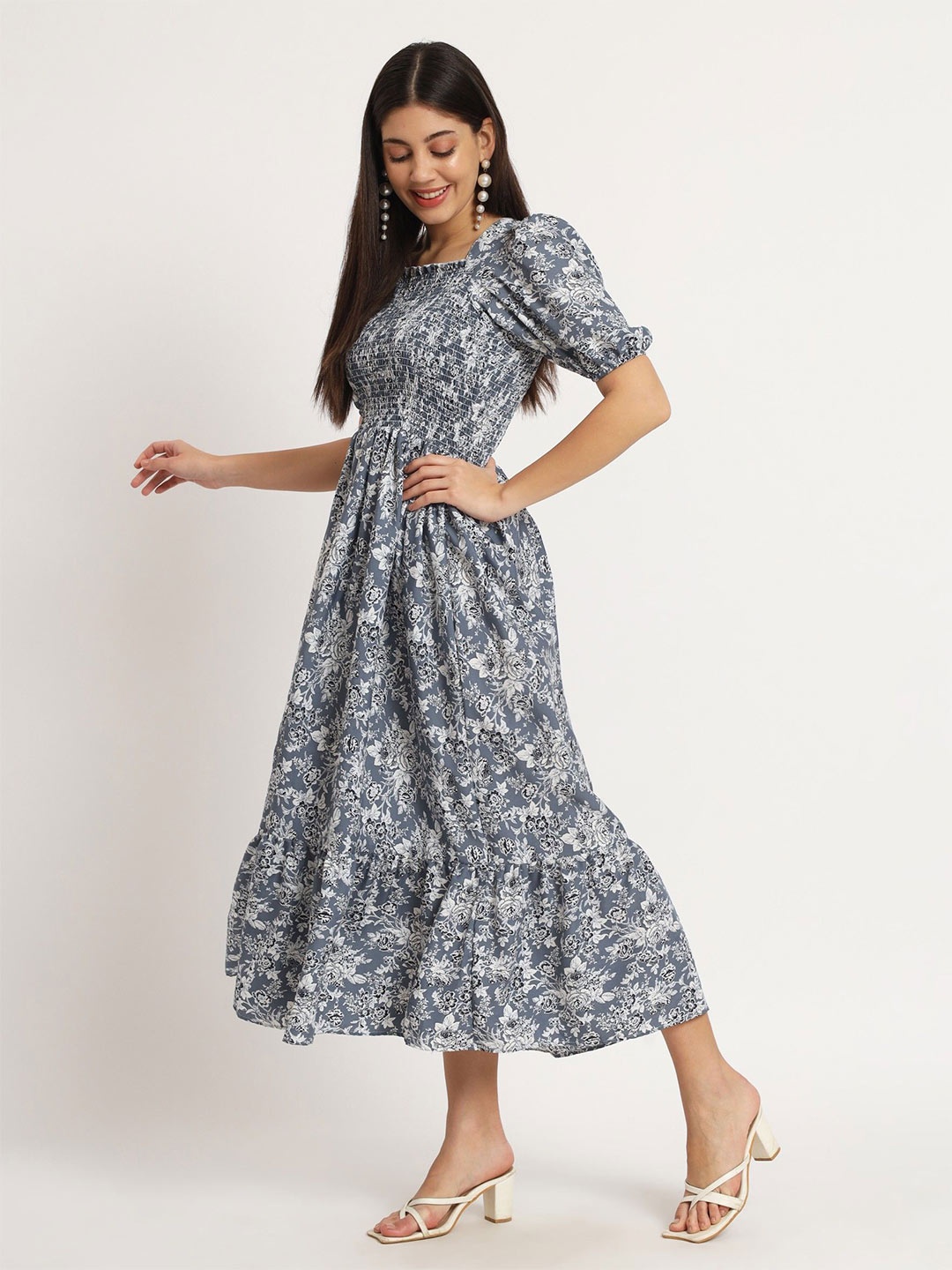 

Femvy Ethnic Motifs Print Applique Fit & Flare Midi Dress, Blue