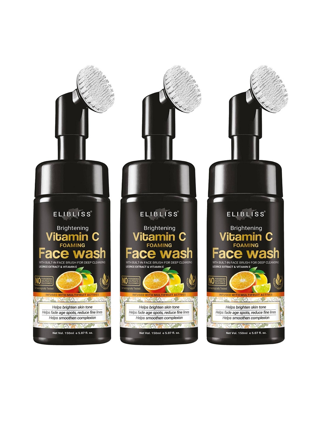

ELIBLISS Set of 3 Vitamin C Foaming Face Wash with Mulberry & Lemon - 150 ml each, Brown