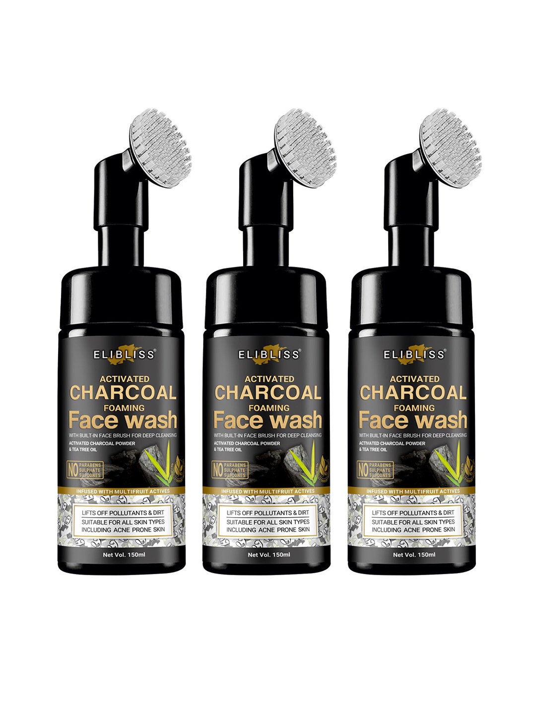 

ELIBLISS Set Of 3 Activated Charcoal Foaming Face Wash - 150ml Each, Black