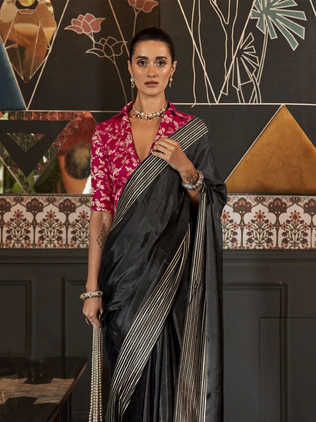 

MySilkLove Striped Satin Saree, Black