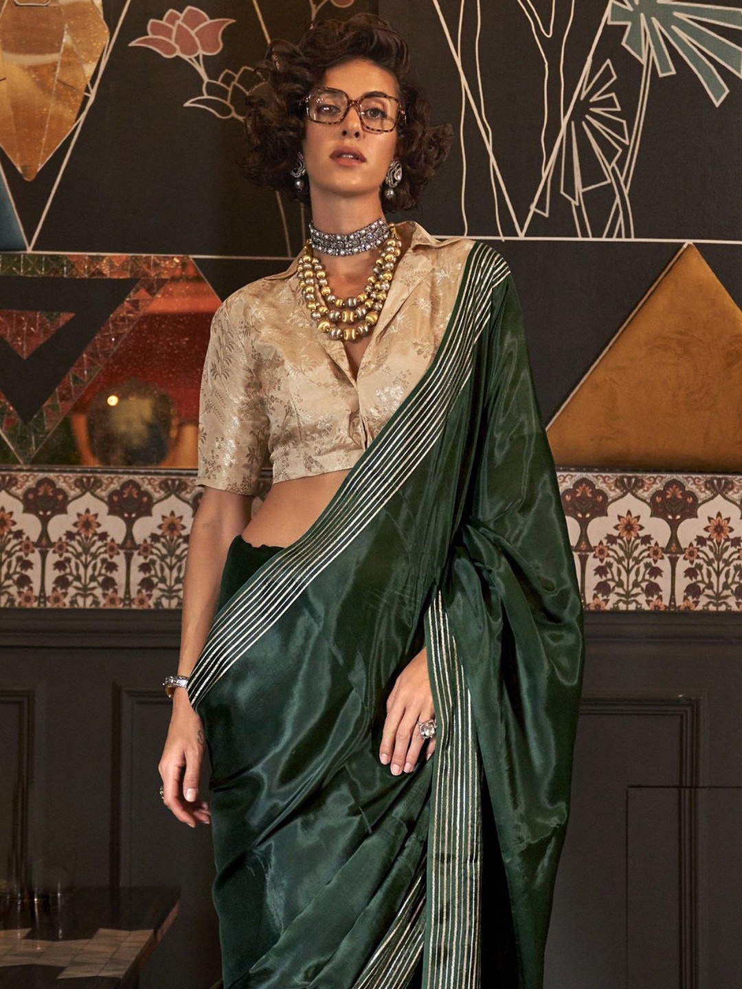 

MySilkLove Striped Satin Saree, Green