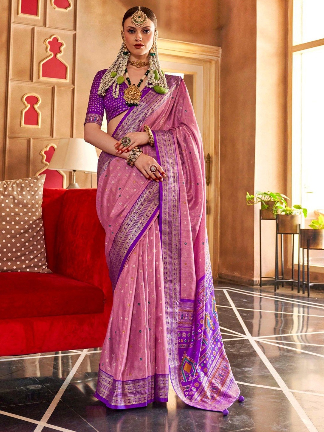 

MySilkLove Polka Dot Zari Patola Saree, Pink