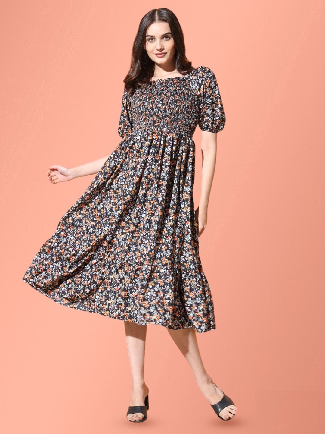 

Femvy Floral Printed Fit & Flare Midi Dress, Black