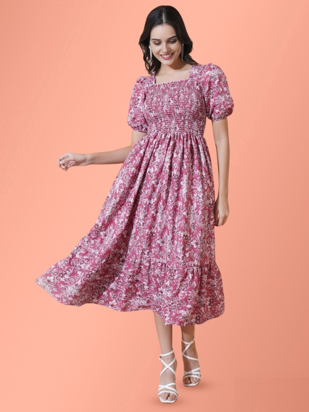 

Femvy Puff Sleeves Fit & Flare Floral Midi Dress, Pink