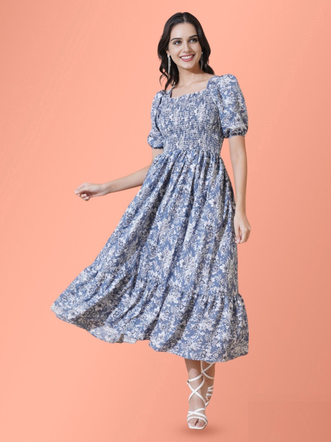 

Femvy Puff Sleeve Fit & Flare Smocked Floral Midi Dress, Blue