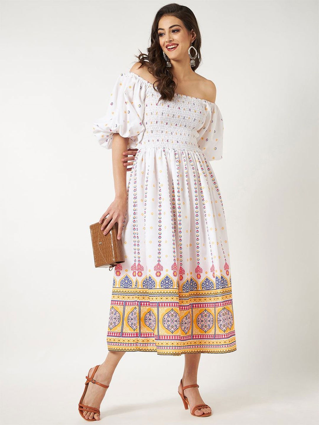 

Pannkh Ethnic Motifs Print Off-Shoulder Flared Sleeve Fit & Flare Midi Dress, White