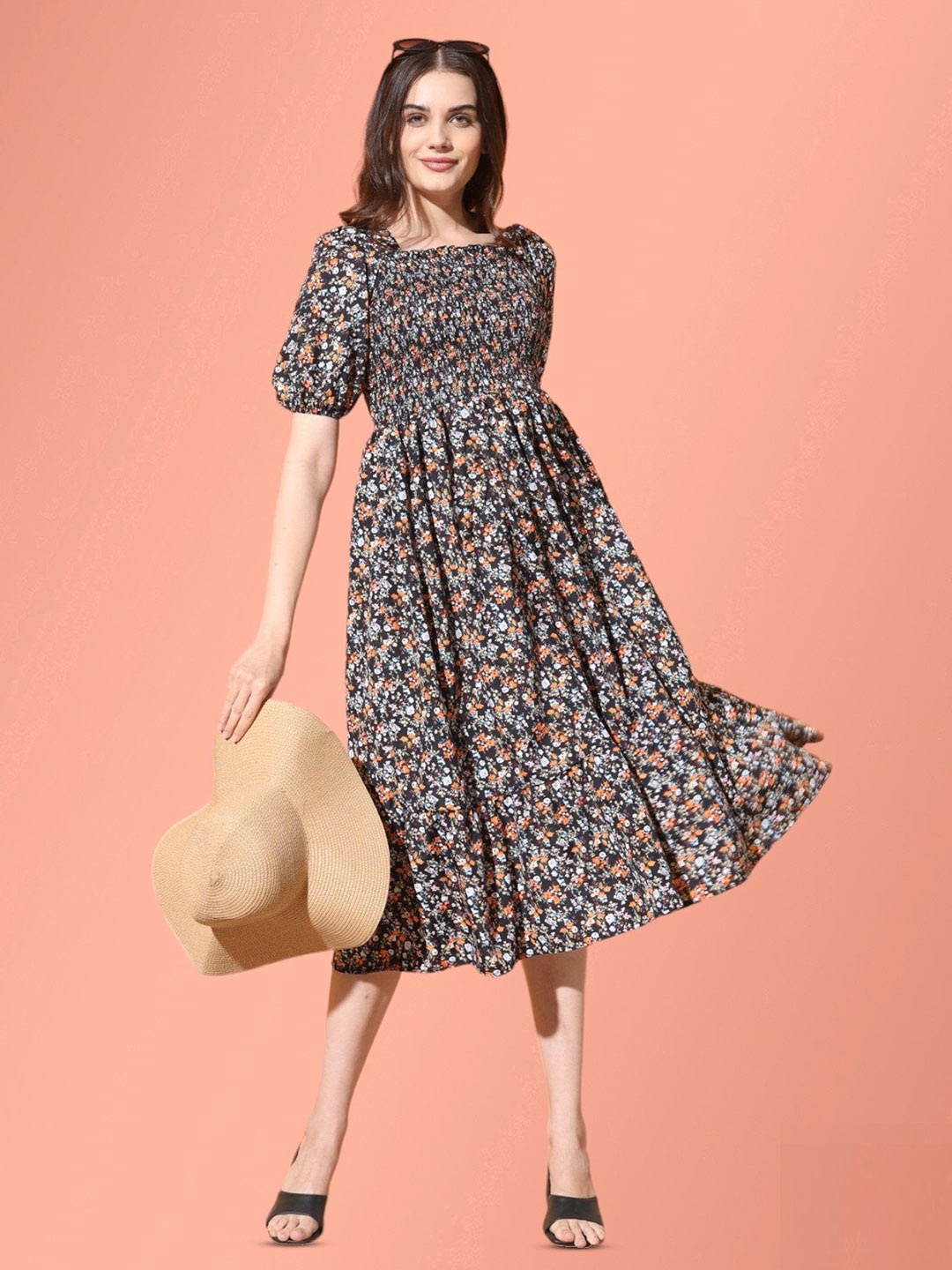 

Femvy Floral Printed Puff Sleeves Fit & Flare Midi Dress, Black