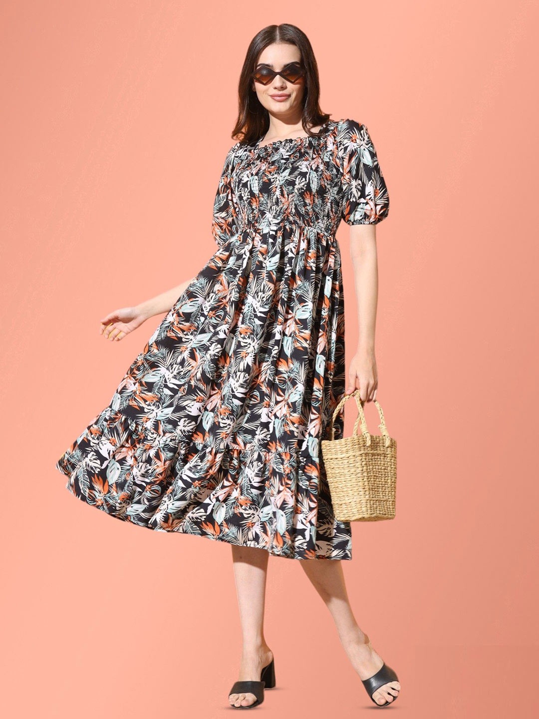 

Femvy Floral Printed Puff Sleeves Fit & Flare Midi Dress, Black