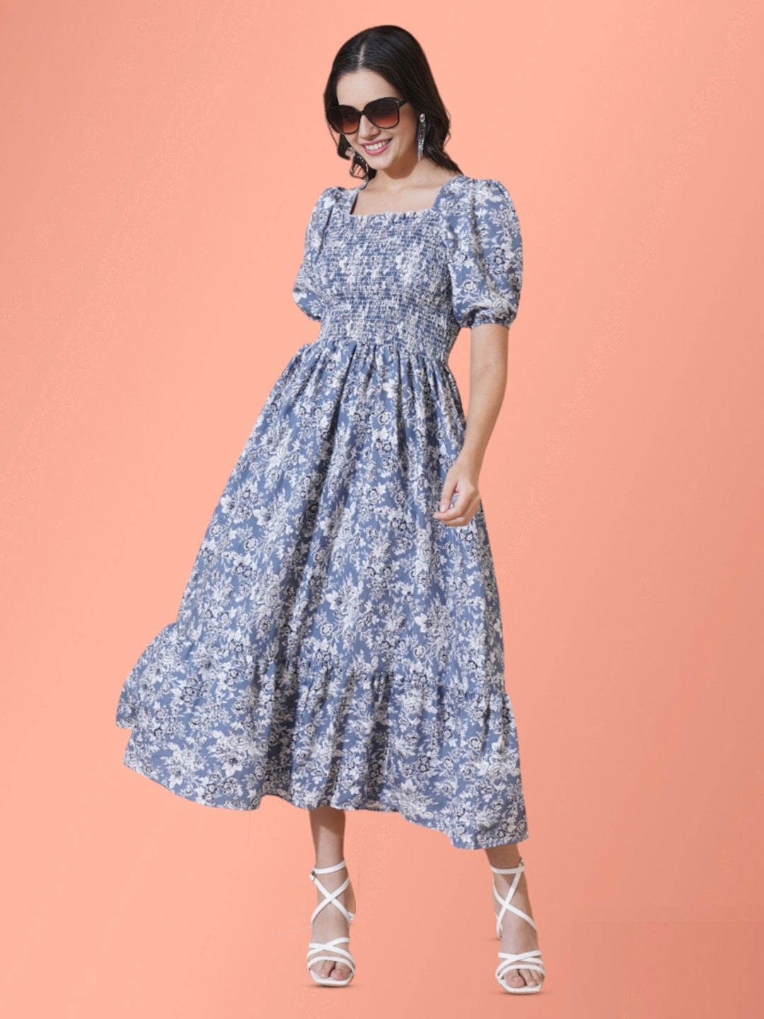 

Femvy Puff Sleeve Fit & Flare Floral Midi Dress, Blue
