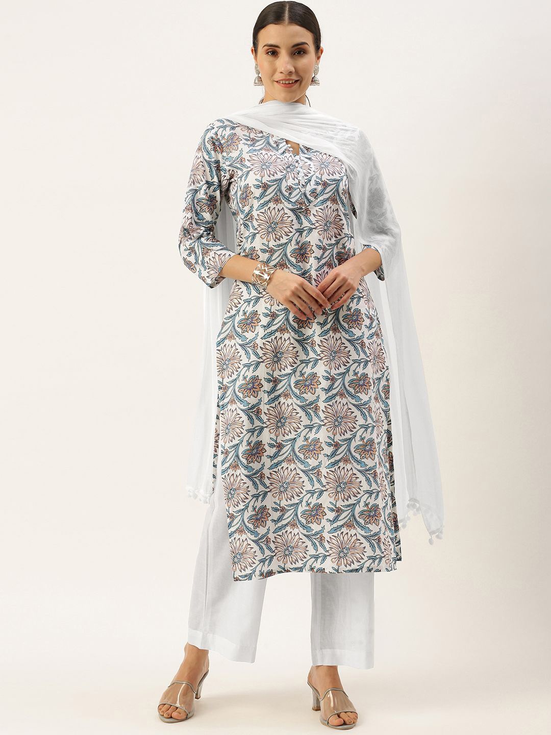 

Saanjh Women Floral Printed Regular Kurta with Trousers & With Dupatta, White