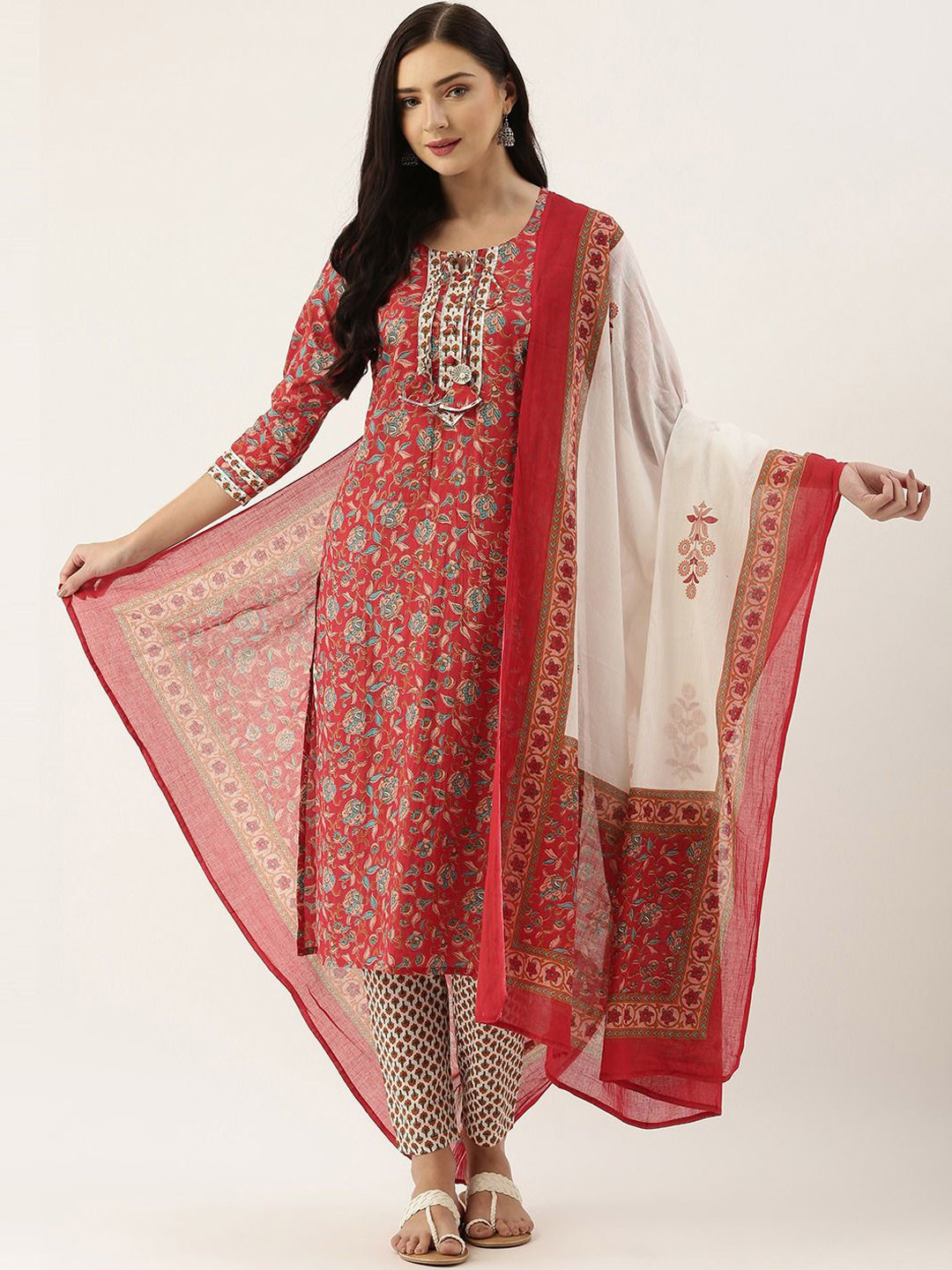 

Saanjh Red Floral Printed Tie-Up Neck Regular Straight Kurta With Trousers & Dupatta