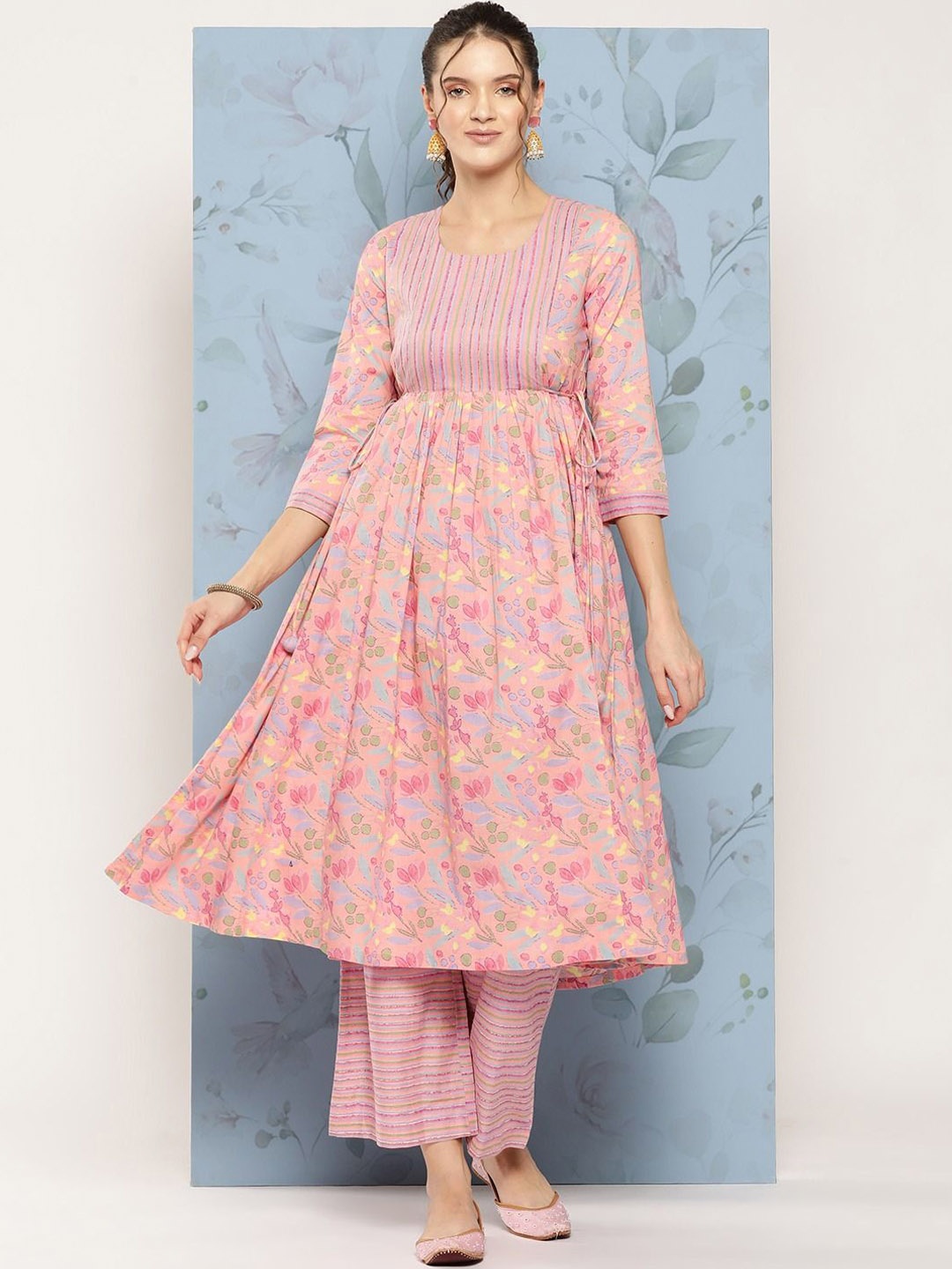 Saanjh Pink Floral Printed A-Line Pure Cotton Kurta With Trousers