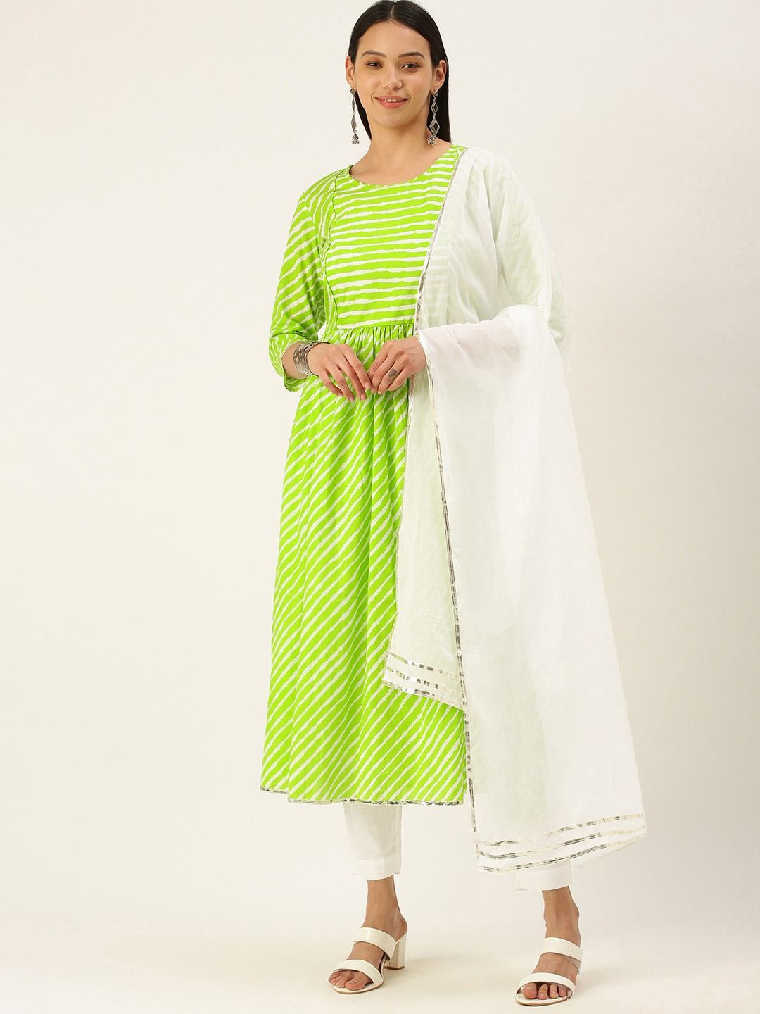 

Saanjh Green Leheriya Printed Pleated Anarkali Kurta With Trousers & Dupatta
